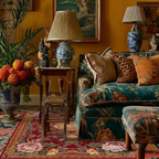 Crimson Palace Garden Hand Tufted Viscose Rug in a chinoiserie vintage inspired living room full of colors