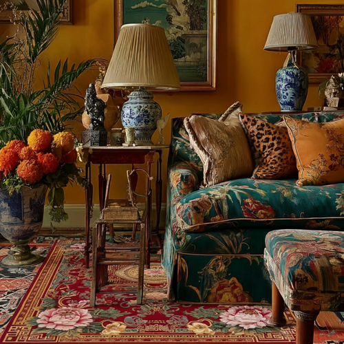 Crimson Palace Garden Hand Tufted Viscose Rug in a chinoiserie vintage inspired living room full of colors