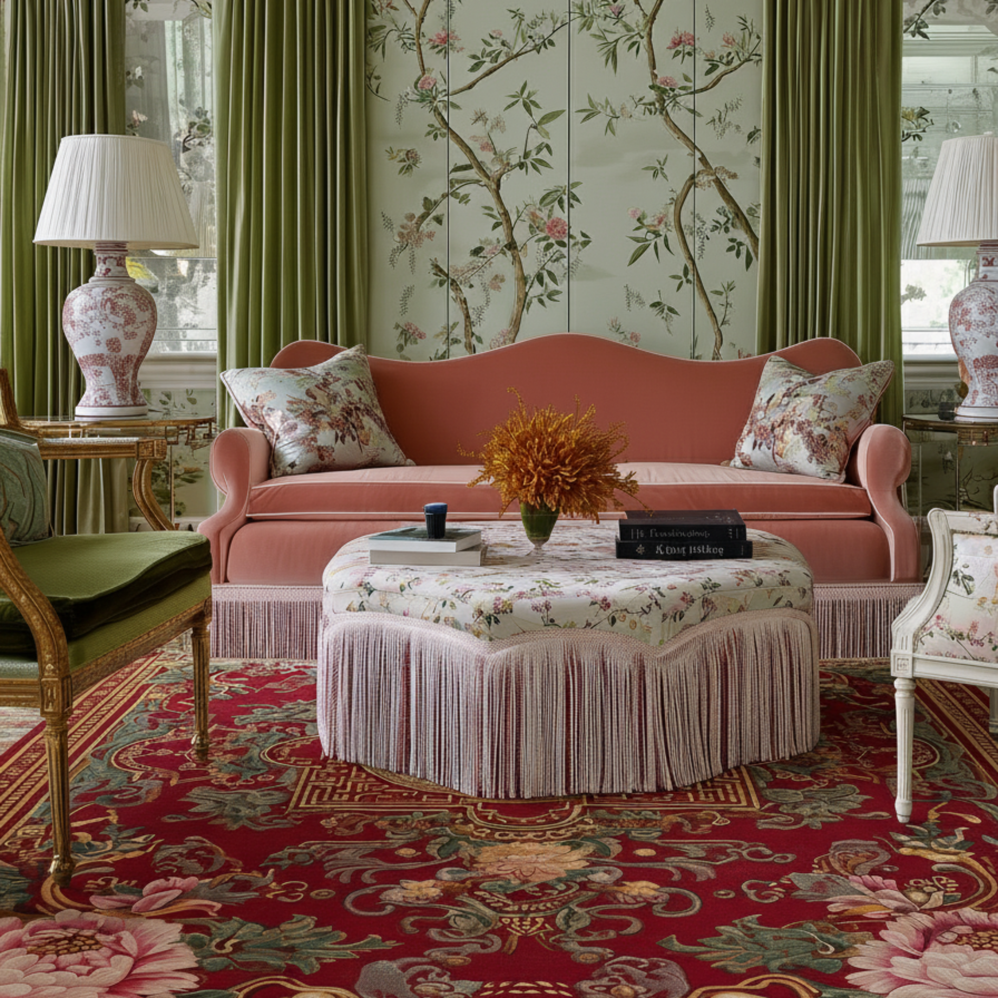 a chinoiserie living room with green hand painted wall , pink couch, and Crimson Palace Garden Hand Tufted Viscose Rug