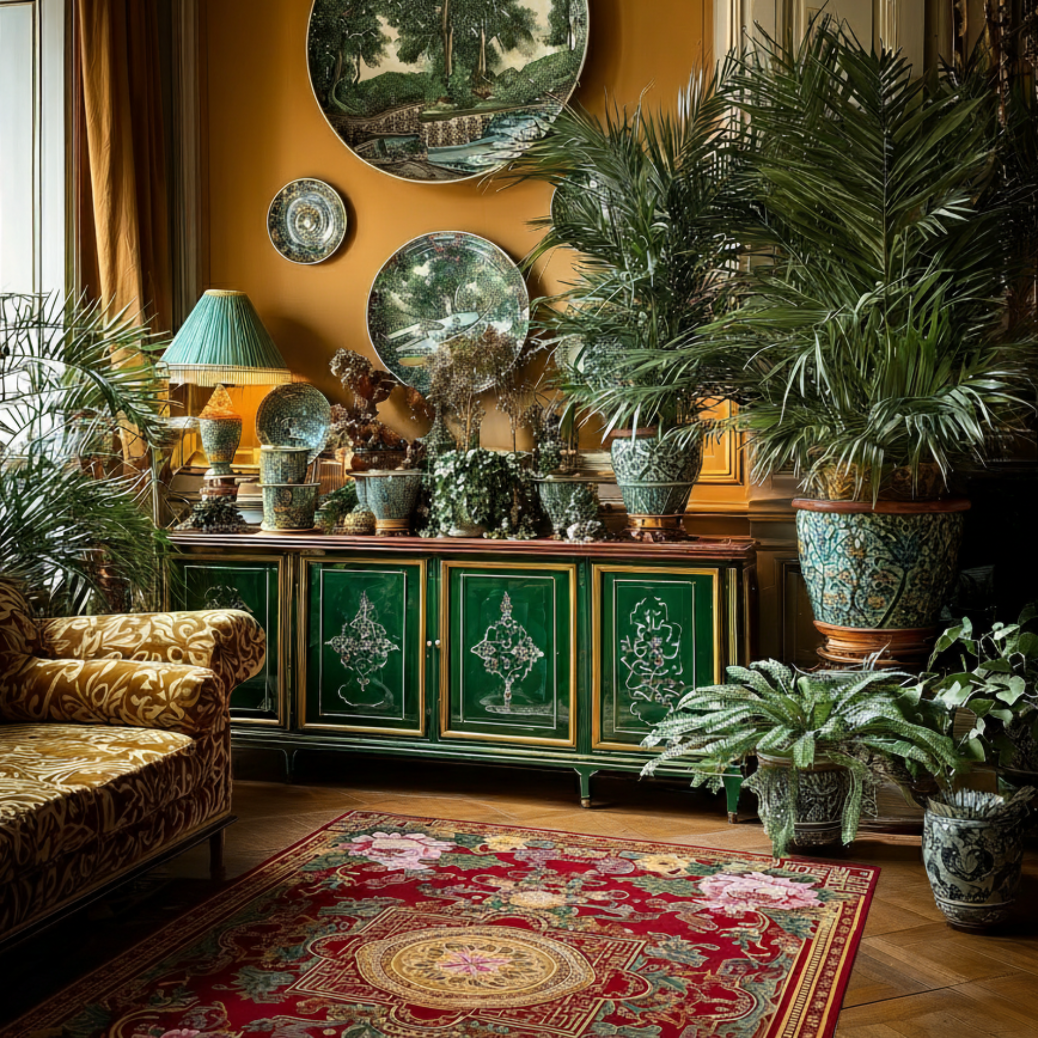 a chinoiserie living room with dressers and Crimson Palace Garden Hand Tufted Viscose Rug
