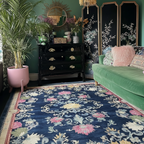 a chinoiserie green living room with Evening Garden Viscose Hand Tufted Rug