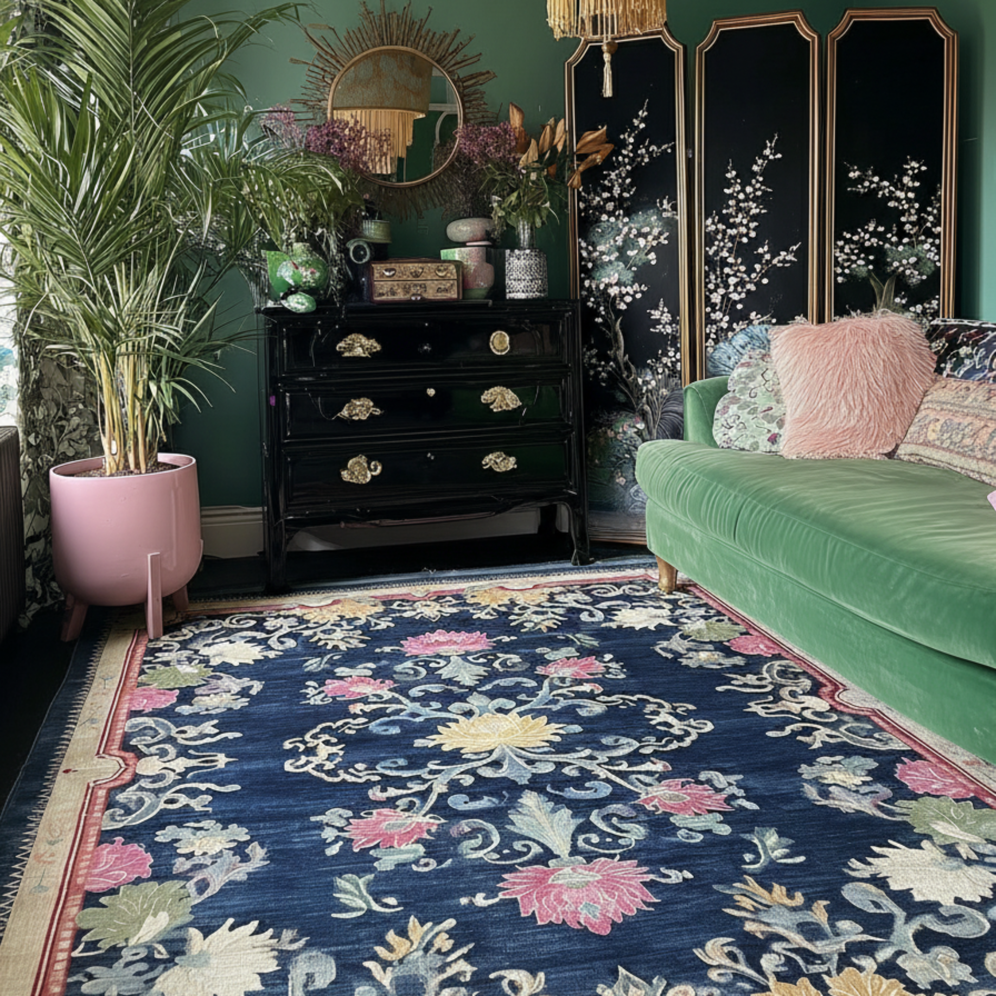 a chinoiserie green living room with Evening Garden Viscose Hand Tufted Rug