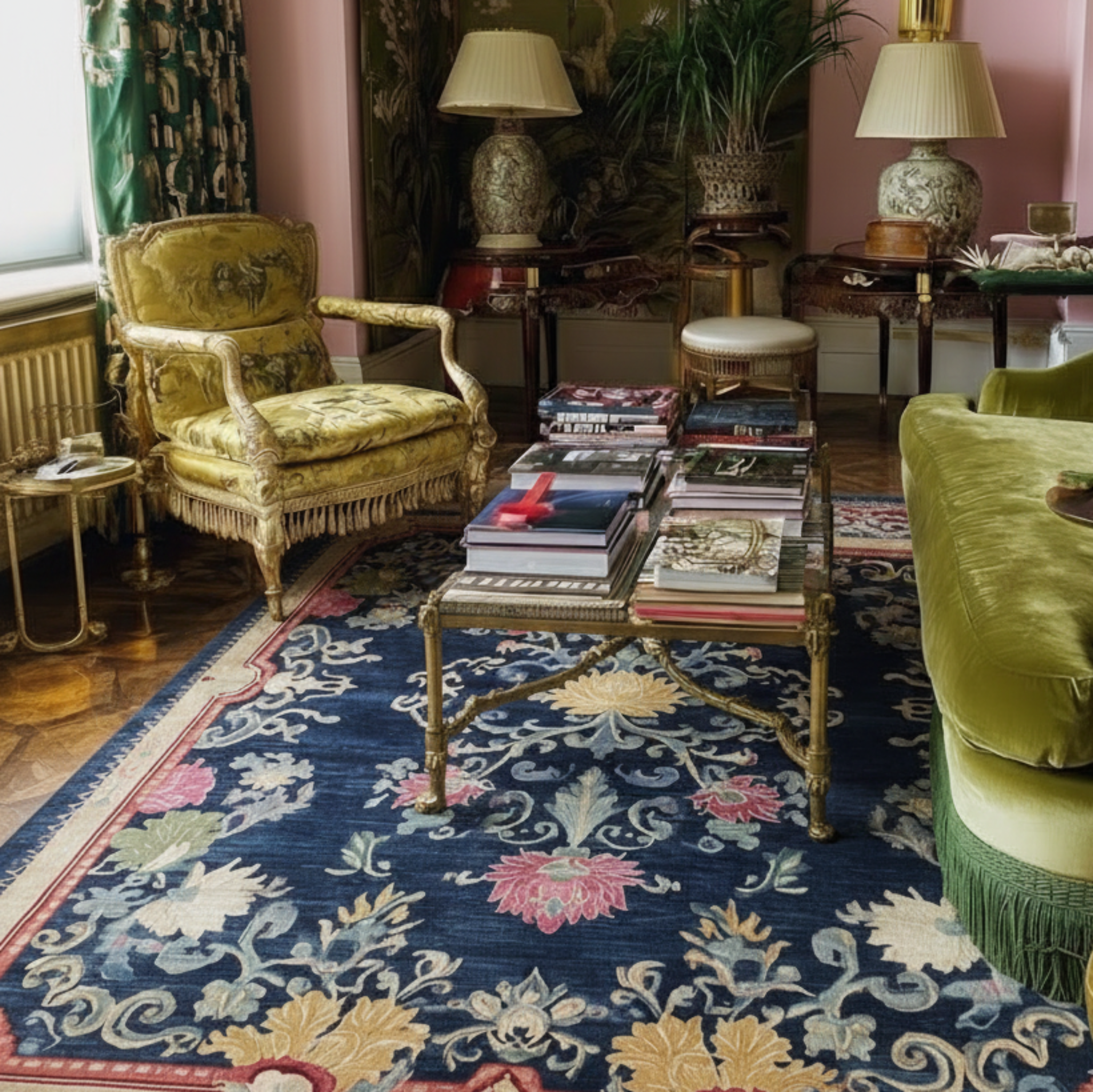 a cozy chinoiserie living room with  Evening Garden Viscose Hand Tufted Rug