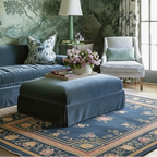 a chinoiserie living room blue theme with Framed Floral Serenity Viscose Hand Tufted Rug