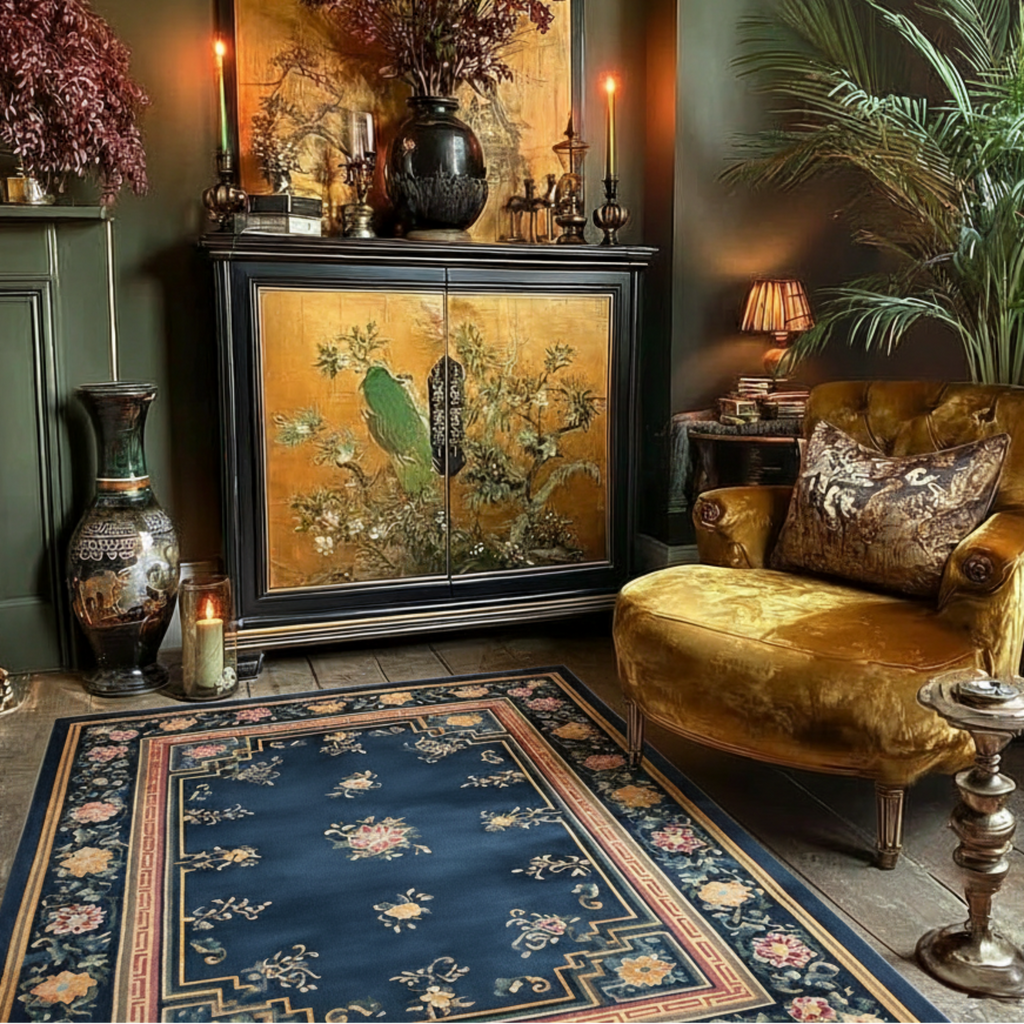 a chinoiserie reading nook with gold velvet chair and hand painted gold buffet and Framed Floral Serenity Viscose Hand Tufted Rug