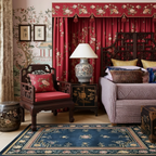 a red chinoiserie inspired bed room with  Framed Floral Serenity Viscose Hand Tufted Rug