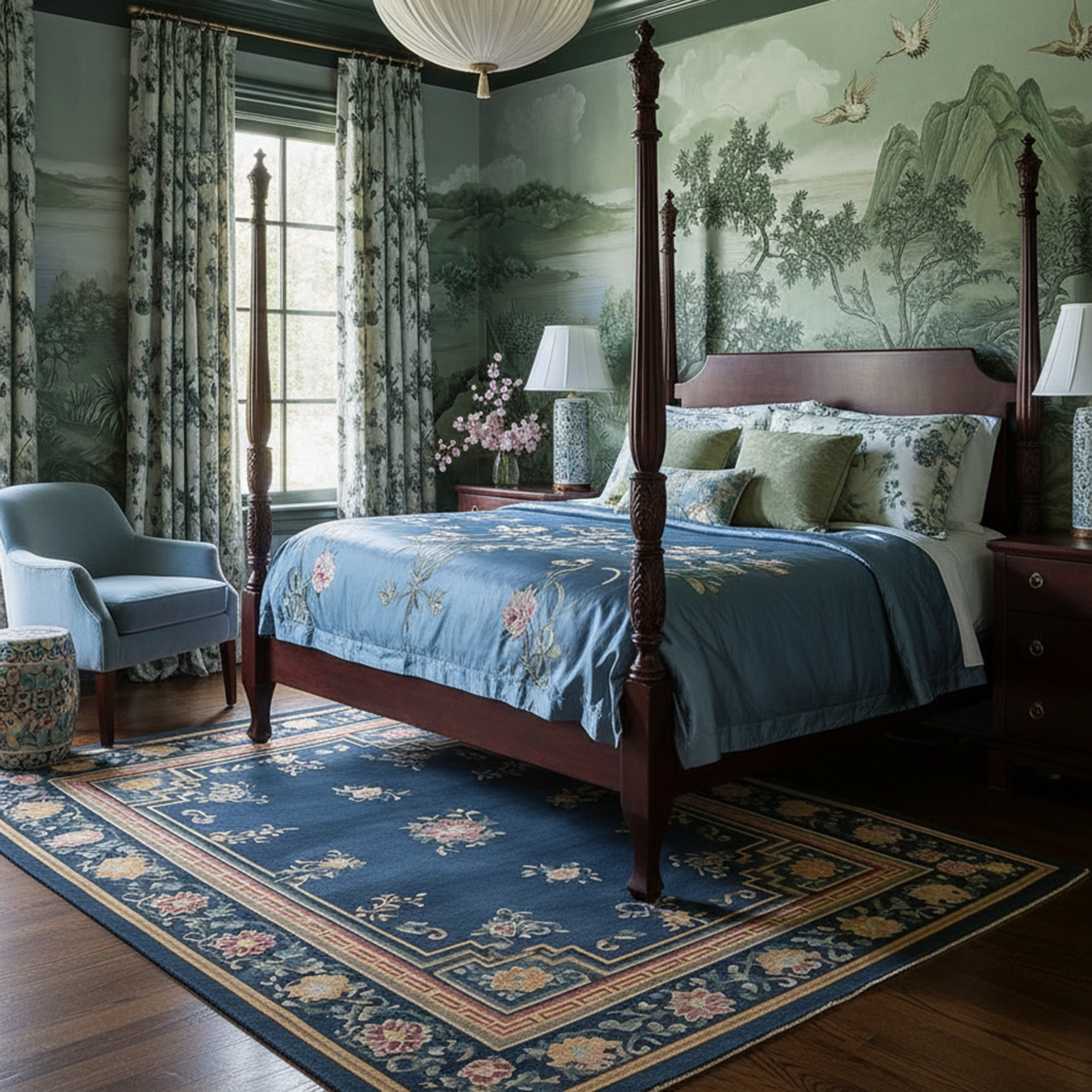 a chinoiserie japanese hand painted wall in a bed room with Framed Floral Serenity Viscose Hand Tufted Rug
