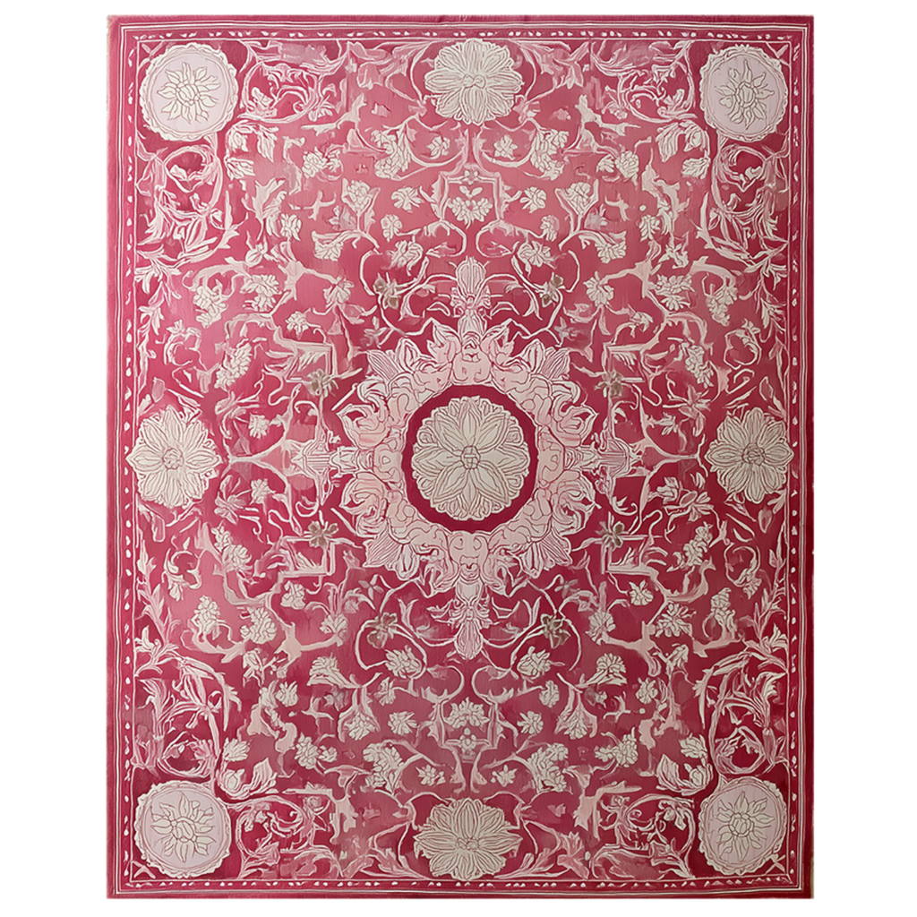 Decorative pink and white floral patterned rug on a white background