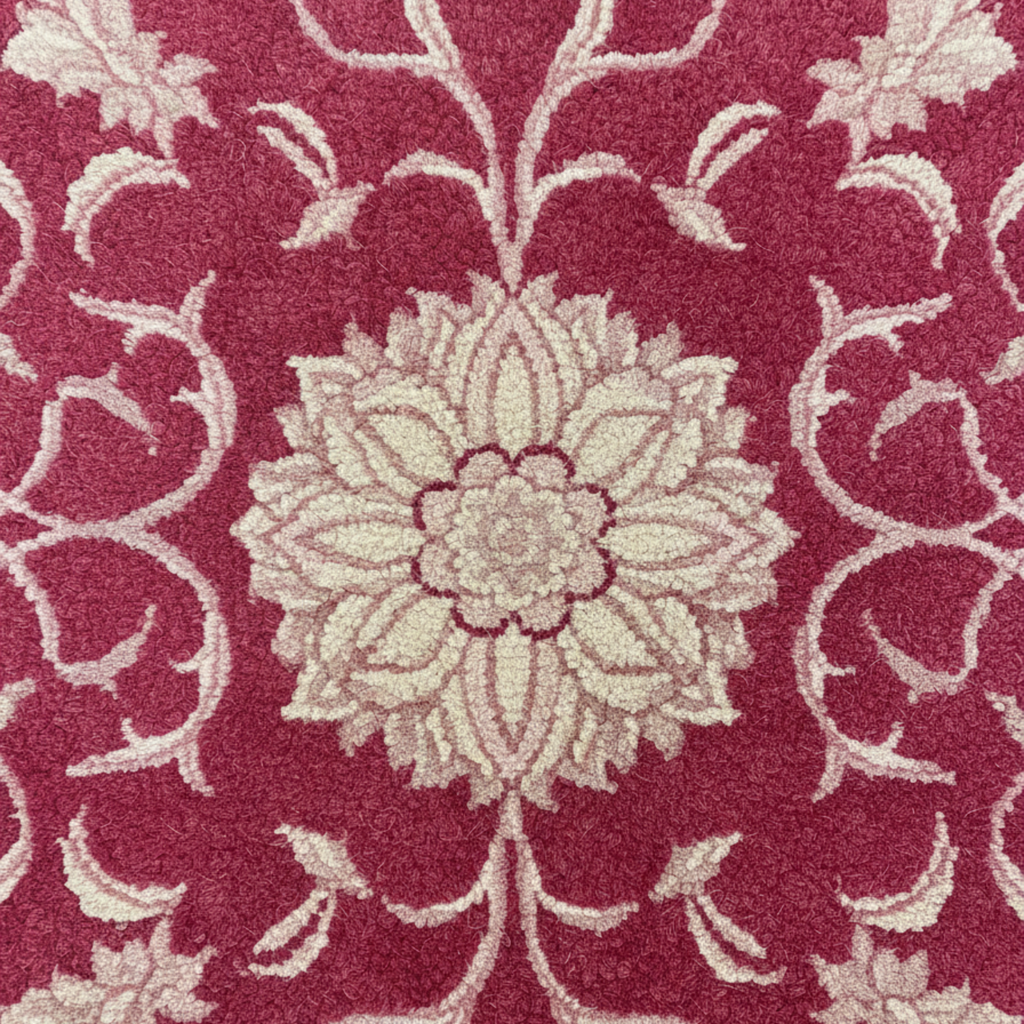 Floral patterned rug with beige flowers on a red background
