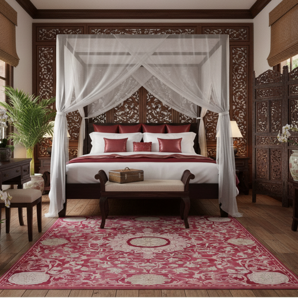Decorative bedroom with a canopy bed, red and white bedding, and a patterned red wool rug.