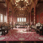 Woman in traditional attire sitting on a red and gold patterned rug in an ornate room.