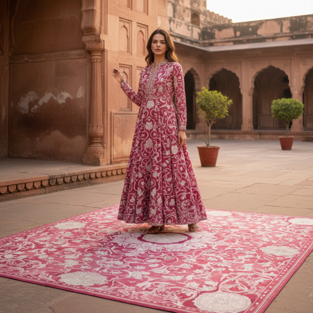 Woman in a pink and white patterned dress standing on a matching rug in an architectural setting.
