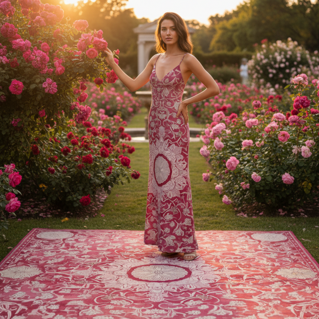Woman in a pink floral dress standing on a patterned knotted floral rug in a garden with pink flowers.