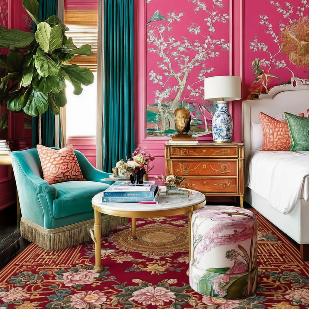 Decorative living room with pink walls, teal chair, a red asian inspired rug, and floral accents.