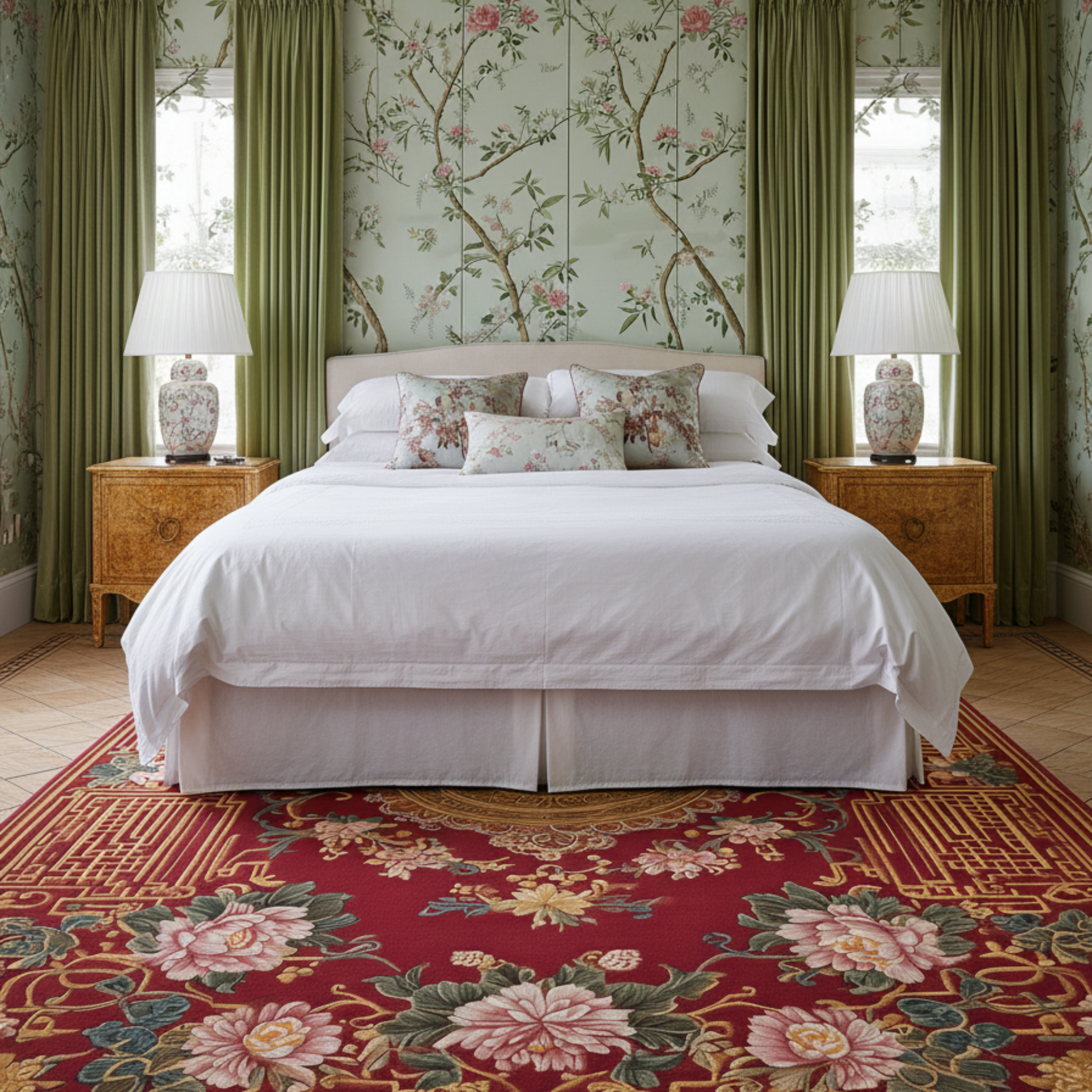 Decorative bedroom with floral wallpaper, bed, and a red asian wool rug.
