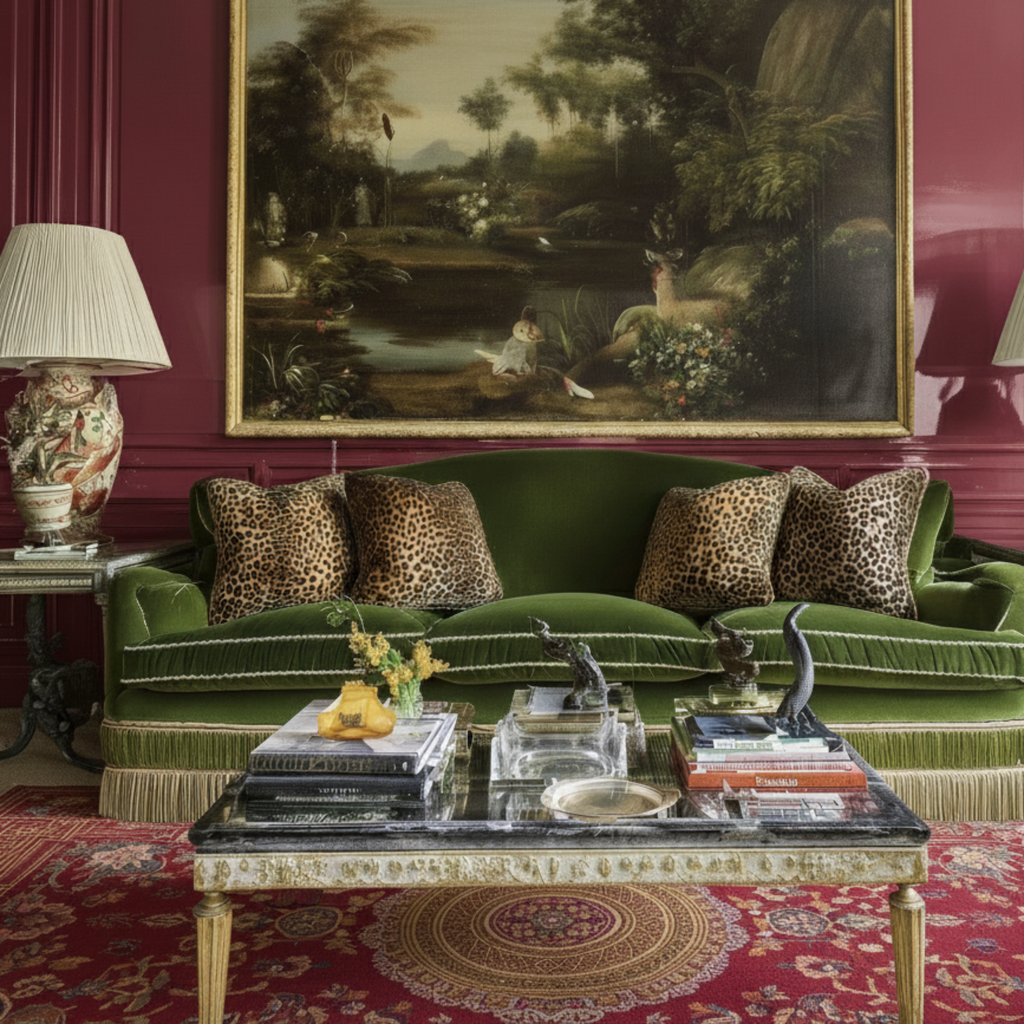 Luxurious living room with a green sofa, decorative pillows, a red rug and a large painting on a red wall.