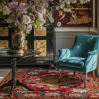 Decorative room with a blue armchair, floral arrangement, and ornate red rug.