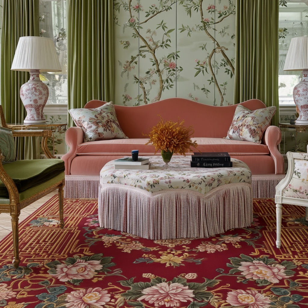 Decorative living room with pink sofa, floral coffee table, and patterned red rug.