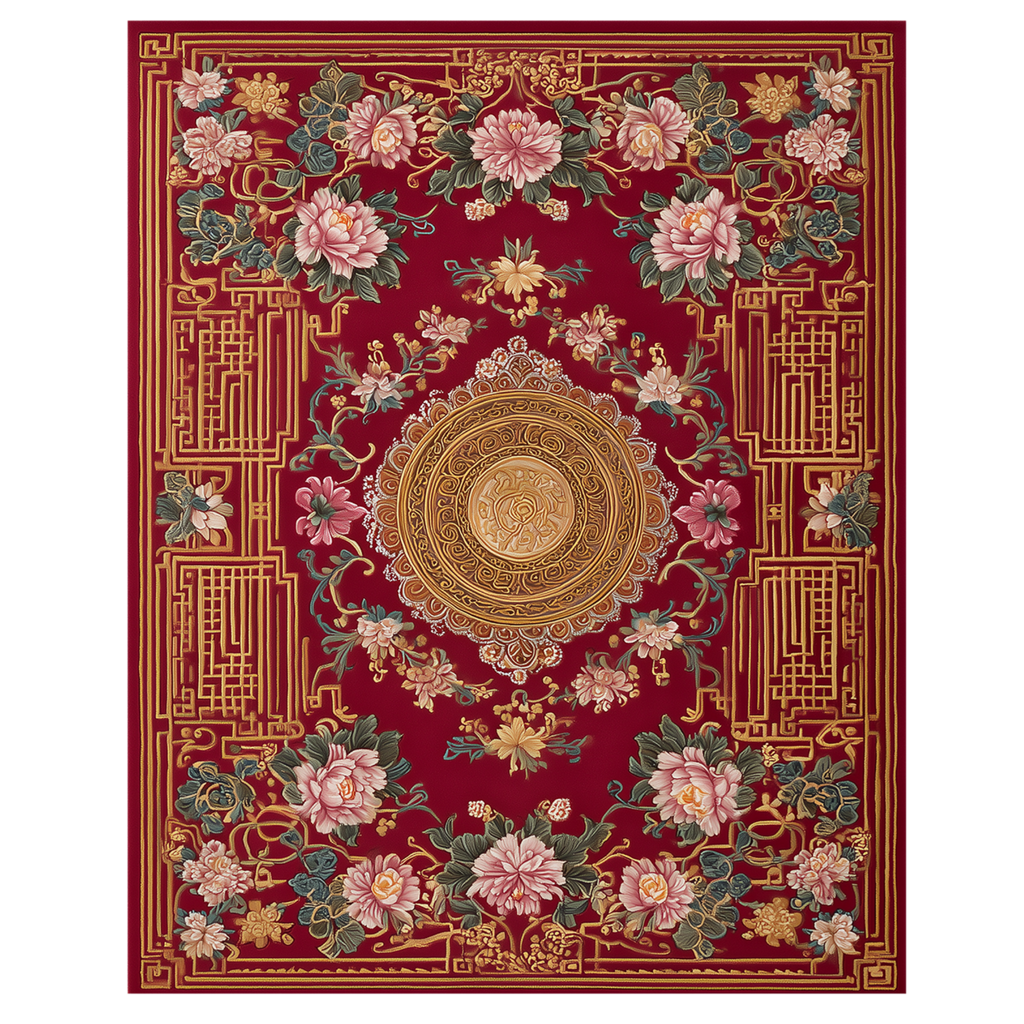 Decorative rug with floral patterns and a central emblem on a red background
