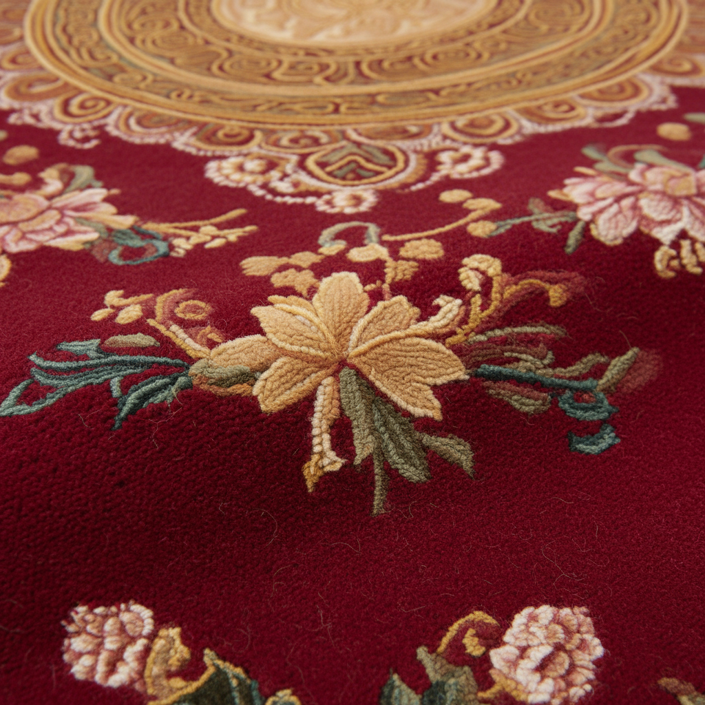 Close-up of a red rug with intricate floral embroidery on a gold background.