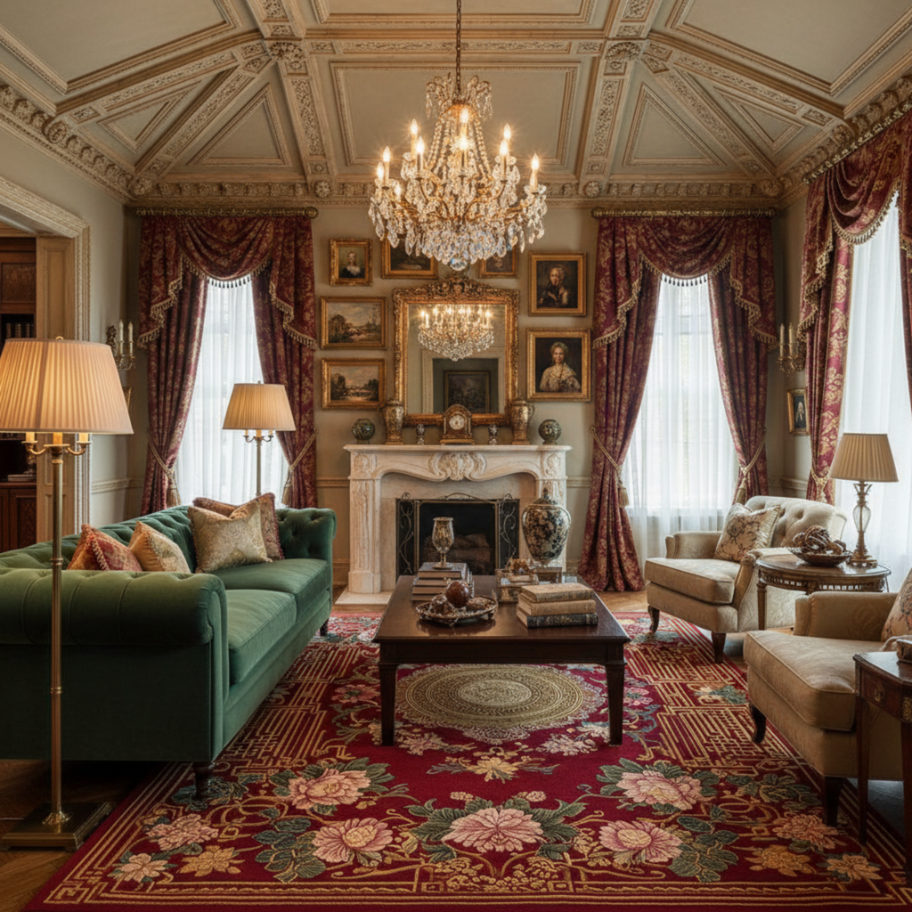 Luxurious living room with ornate ceiling, chandeliers, a chinoiserie red rug, and elegant decor.