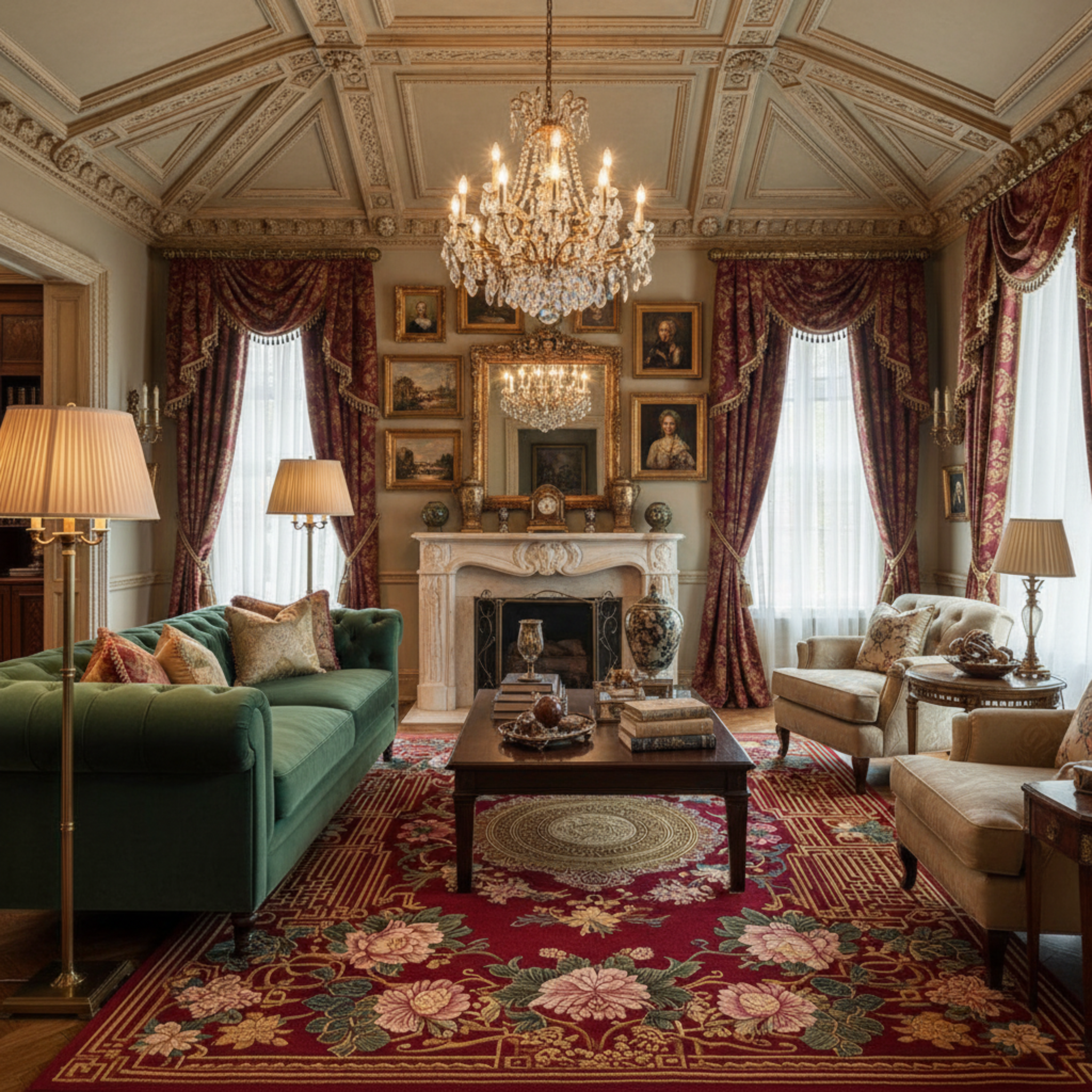 Luxurious living room with ornate ceiling, chandeliers, a chinoiserie red rug, and elegant decor.