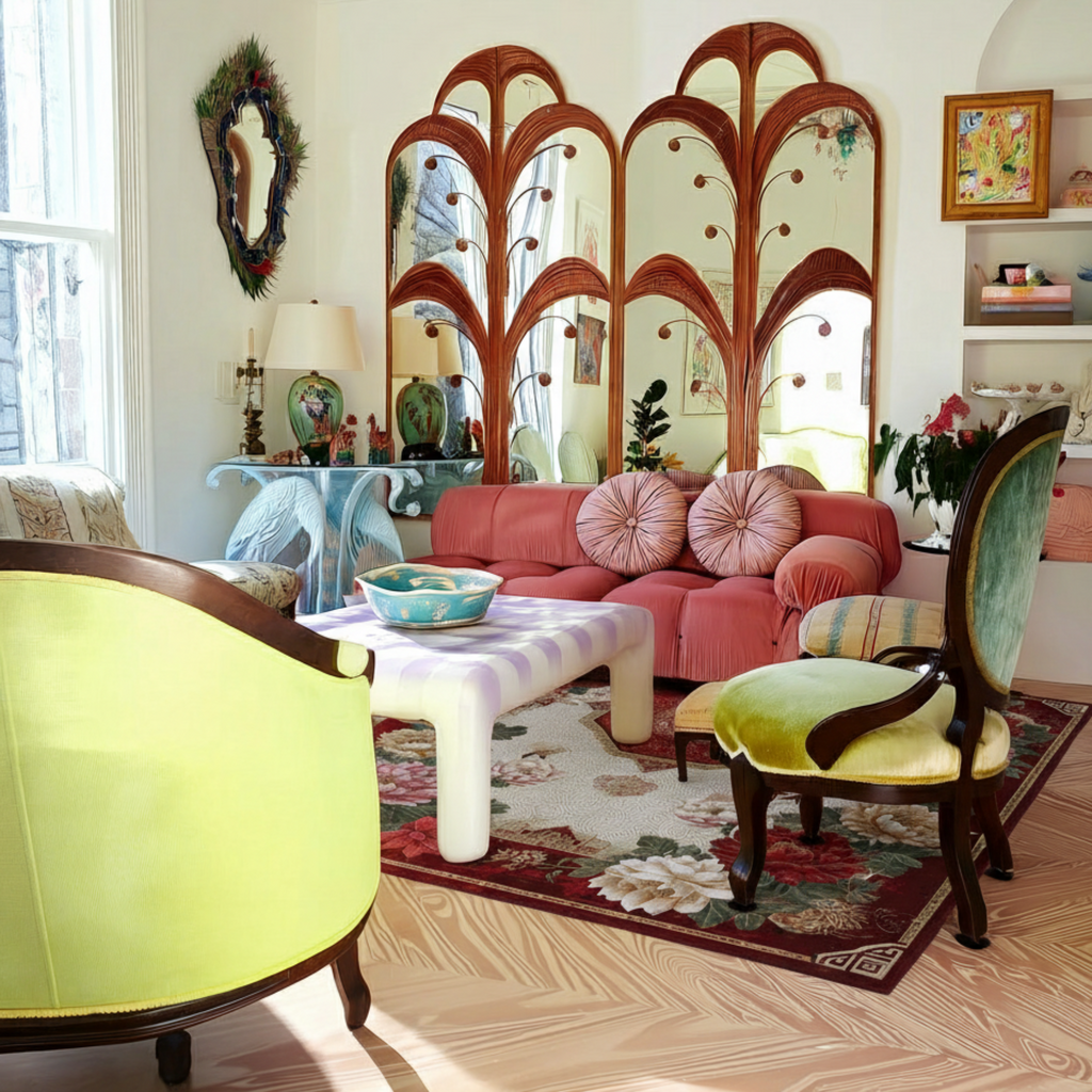 a vintage inspired west palm beach style living room with Grand Floral Medallion Hand Tufted Viscose Rug