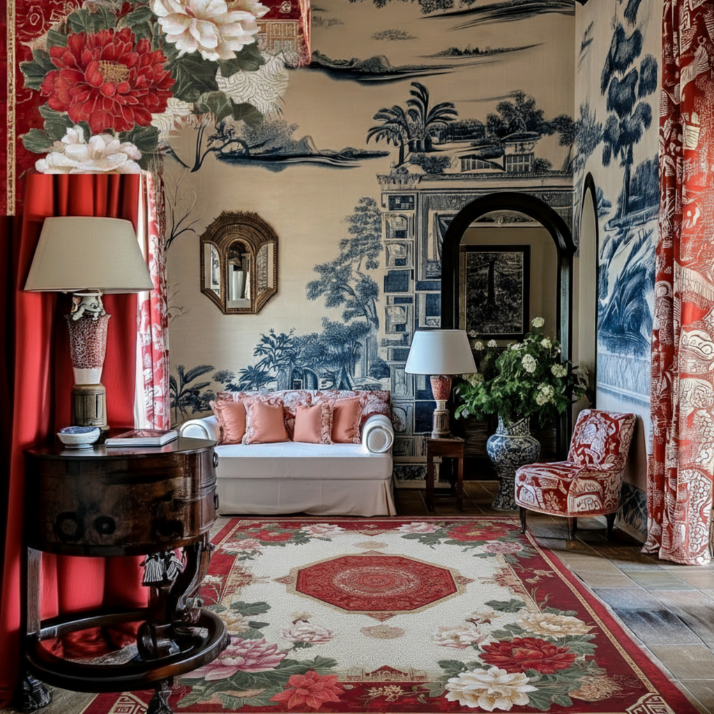 a chionoiserie living room with hand painted blue wall and red Grand Floral Medallion Hand Tufted Viscose Rug