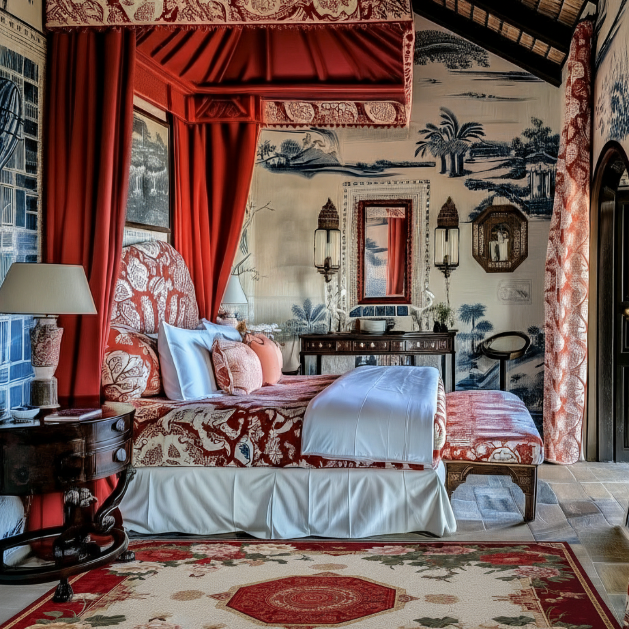 a french chinoiserie inspired bed room with Grand Floral Medallion Hand Tufted Viscose Rug