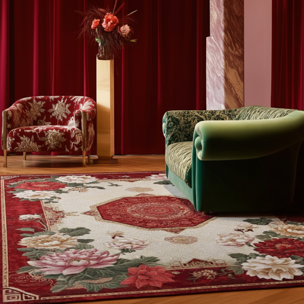 a chinoiserie inspired living room with Grand Floral Medallion Hand Tufted Viscose Rug