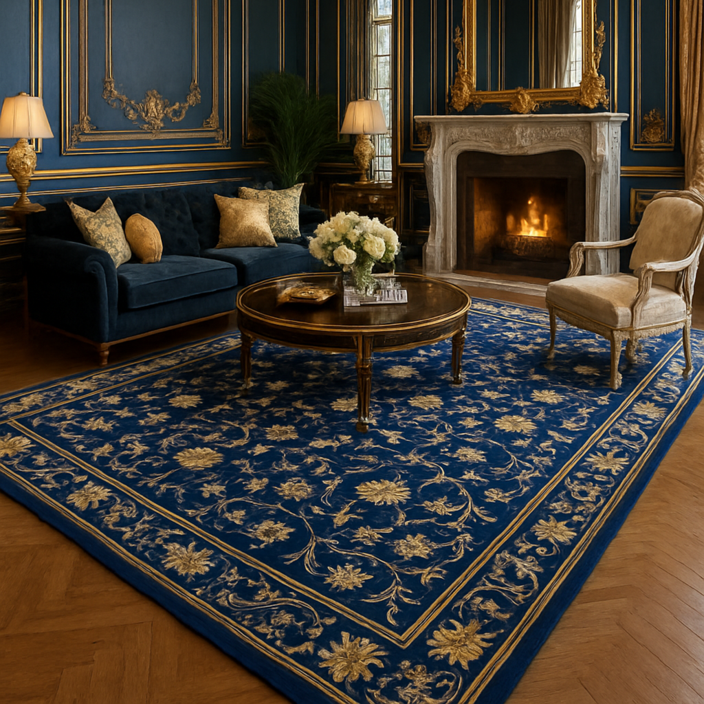 a blue french inspired living room with fire place and the imperial Indigo Hand Knotted Viscose Rug