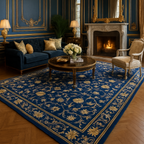 a blue french inspired living room with fire place and the imperial Indigo Hand Knotted Viscose Rug