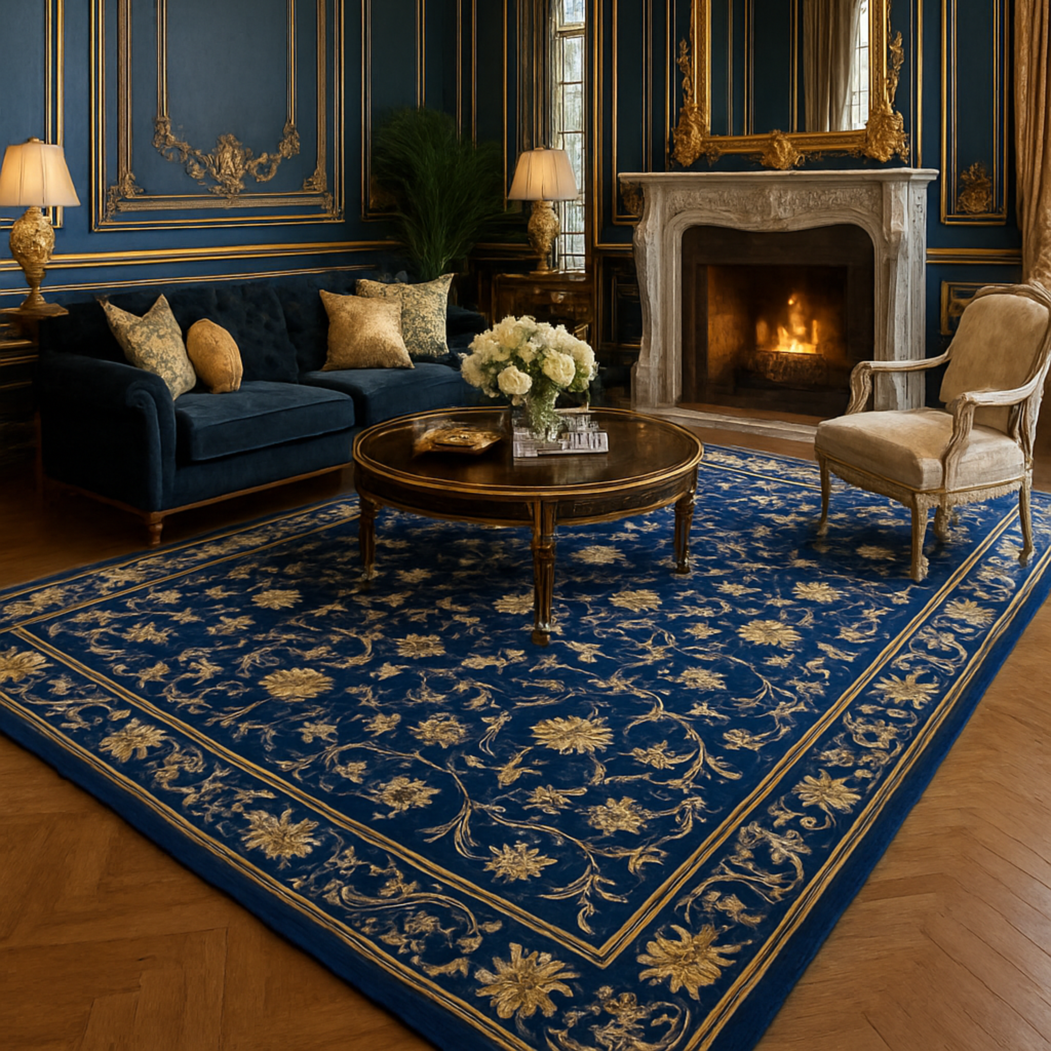 a blue french inspired living room with fire place and the imperial Indigo Hand Knotted Viscose Rug