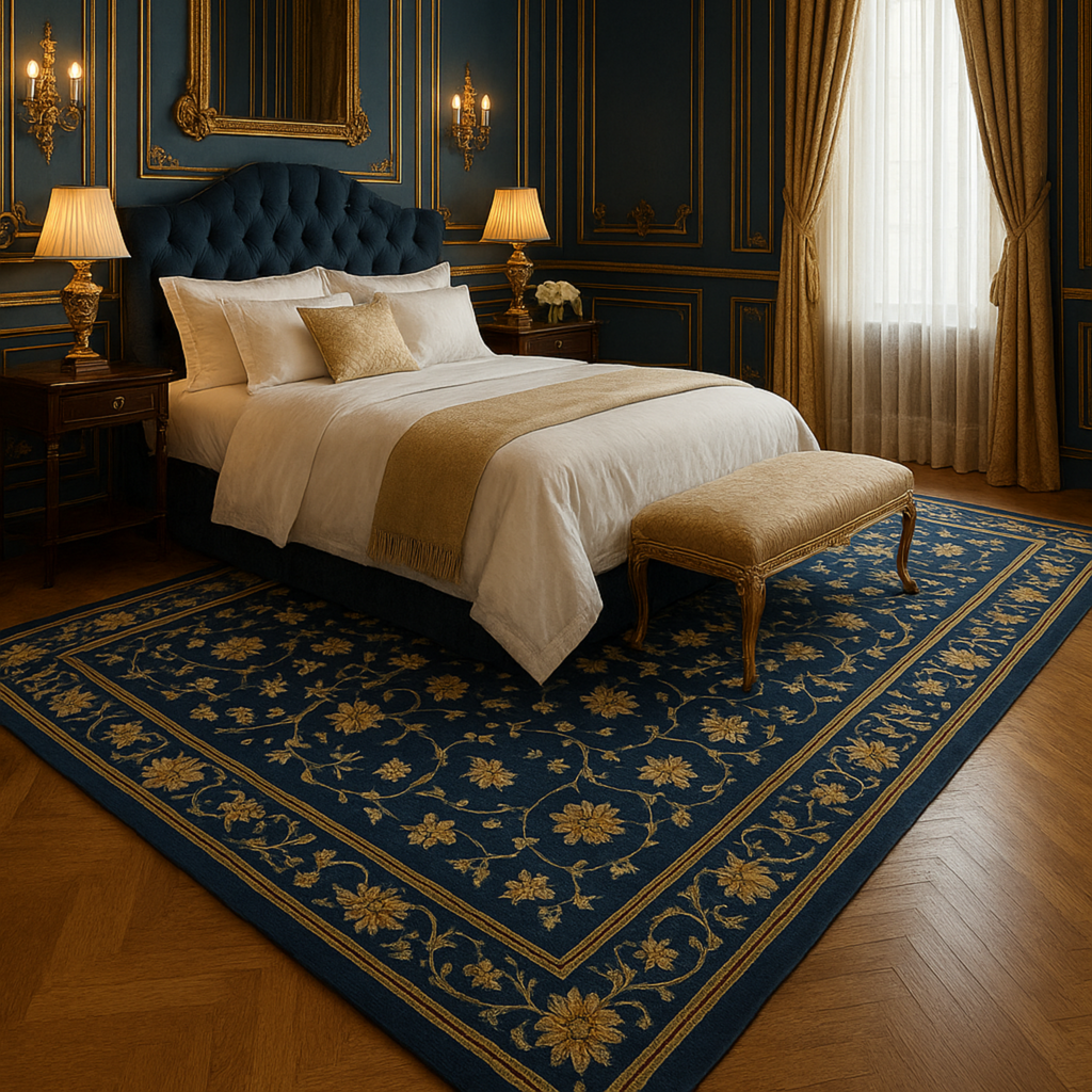 a blue french interior inspired bed room with Imperial Indigo Hand Knotted Viscose Rug