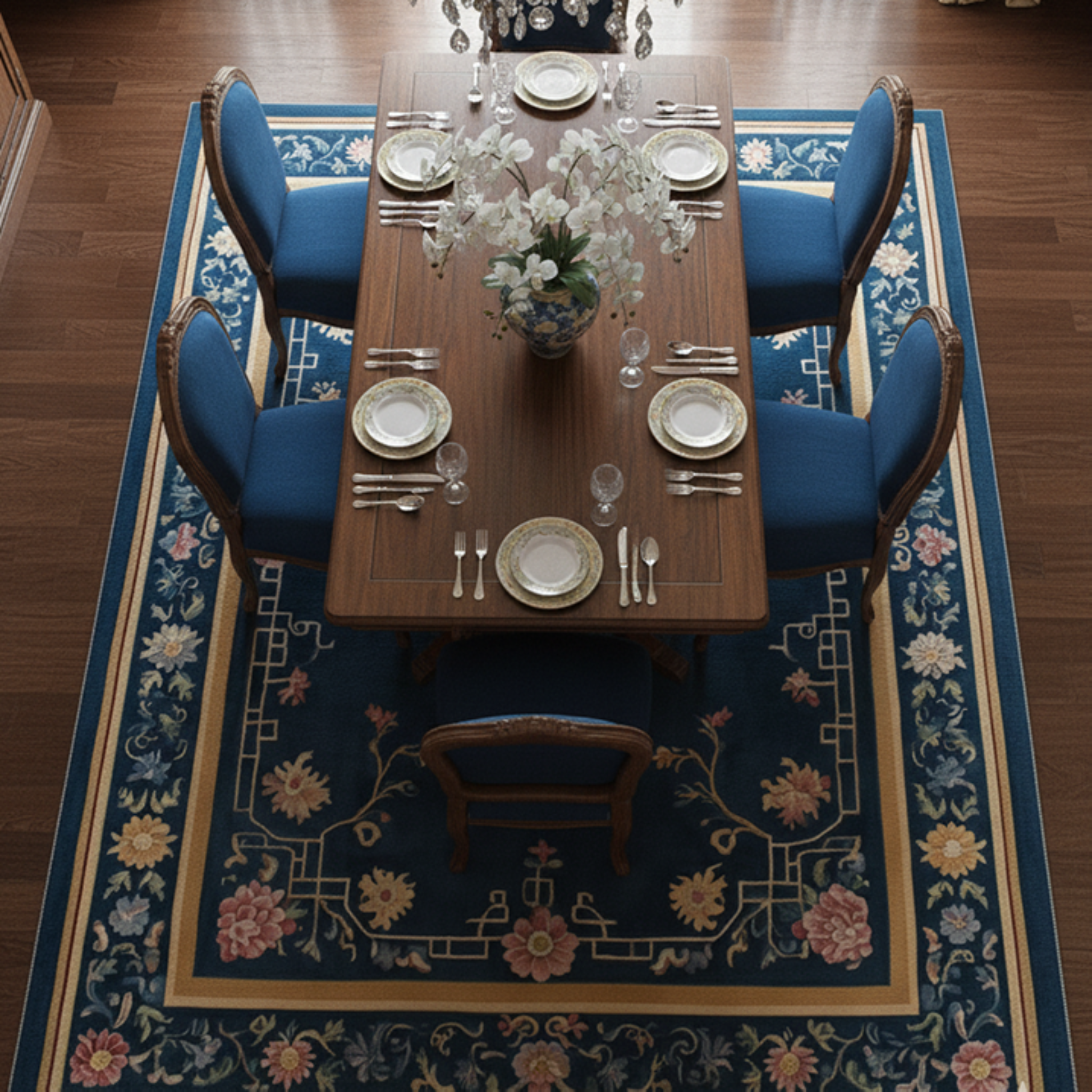blue dining room with Jewel Box of Blooms Viscose Hand Tufted Rug