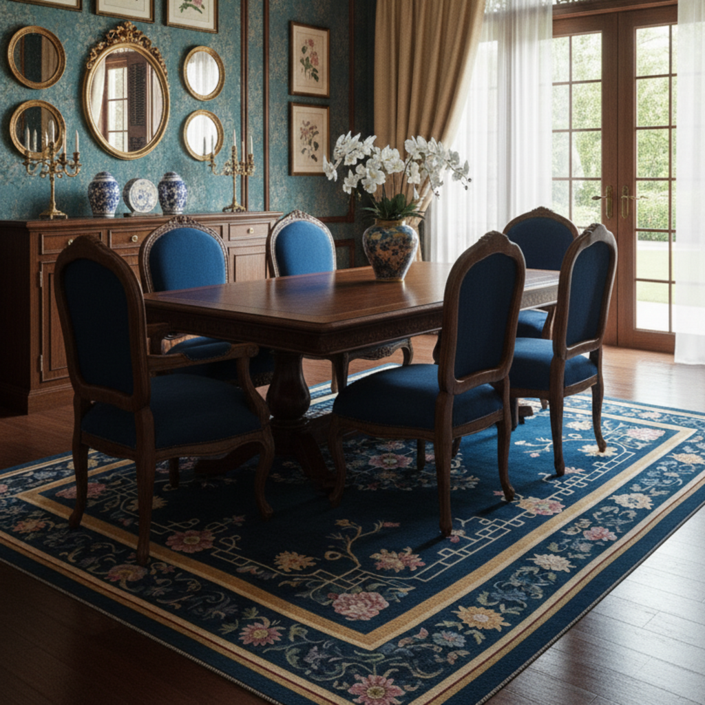 a blue traditioinal dining room with Jewel Box of Blooms Viscose Hand Tufted Rug