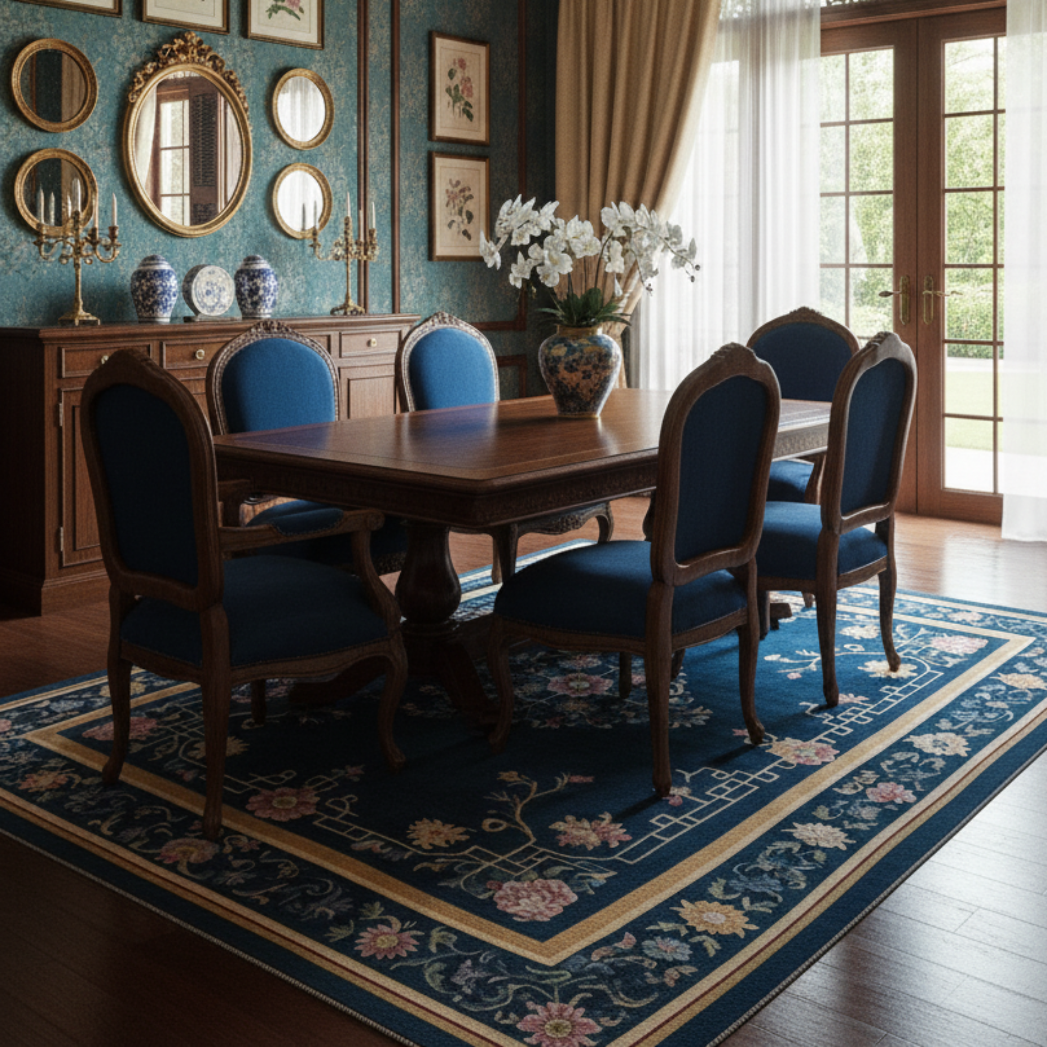 a blue traditioinal dining room with Jewel Box of Blooms Viscose Hand Tufted Rug