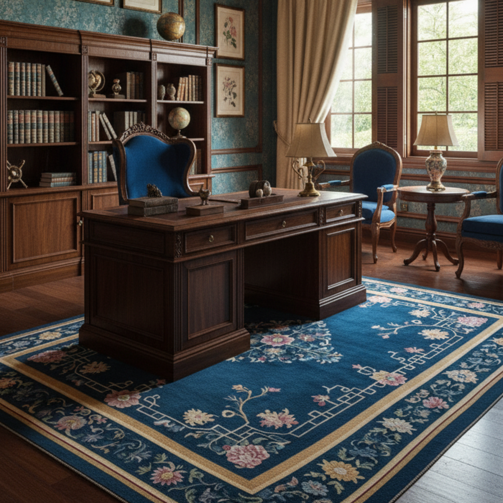 a traditional executive office with Jewel Box of Blooms Viscose Hand Tufted Rug