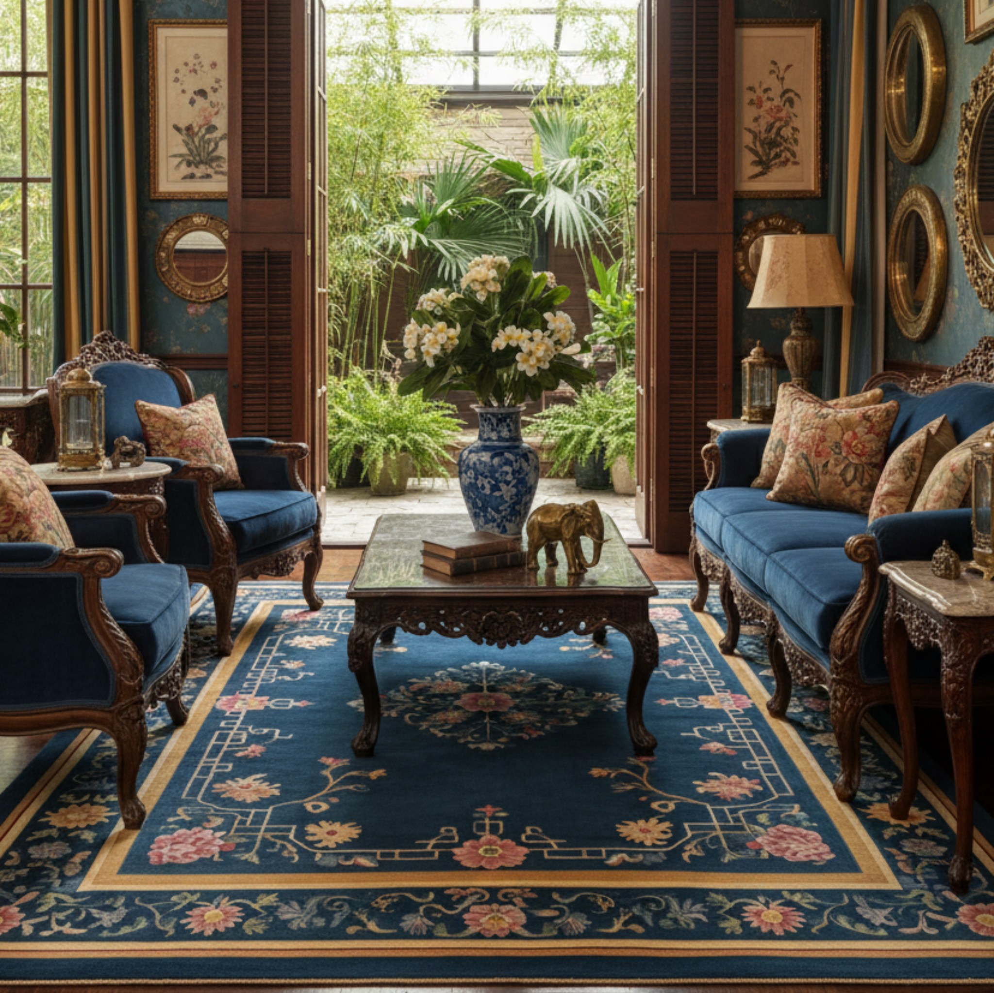 a traditional golden theme living room with Jewel Box of Blooms Viscose Hand Tufted Rug