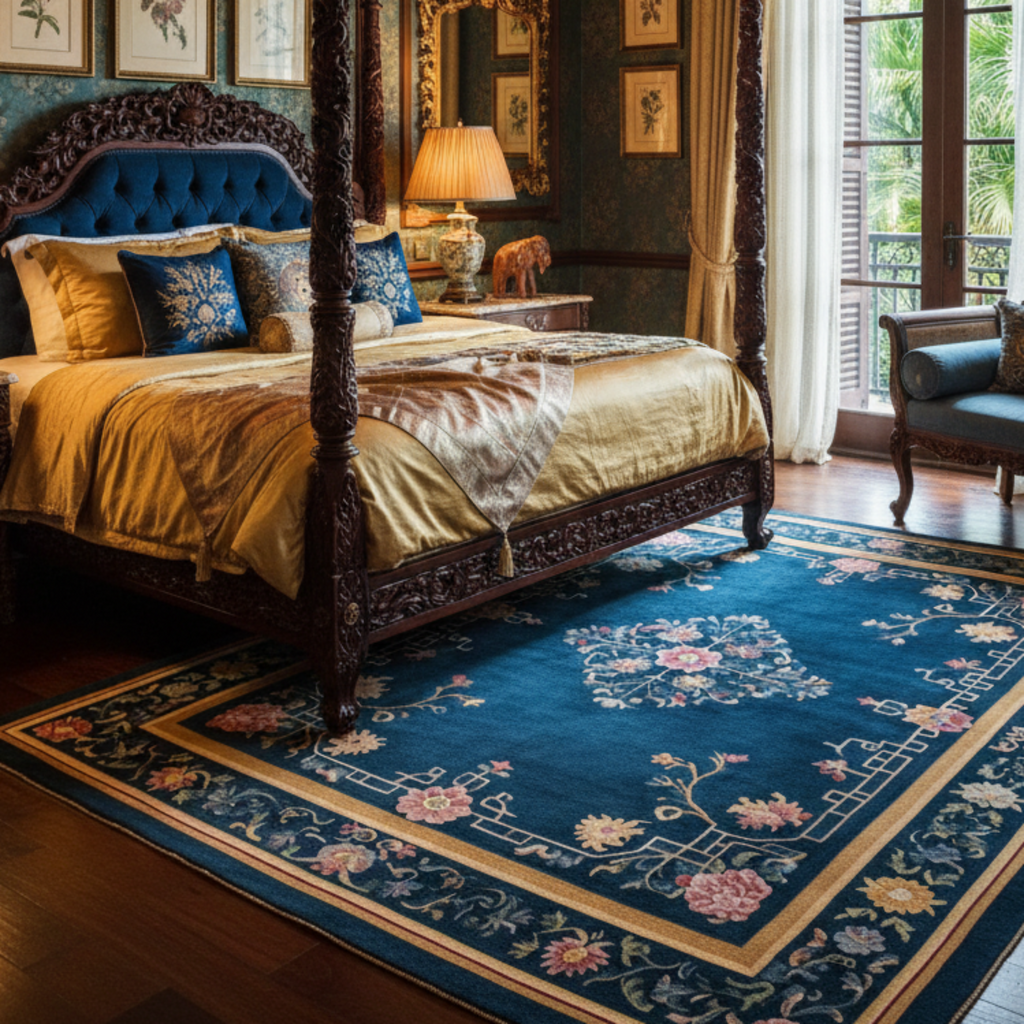 An indian inspired bed room with Jewel Box of Blooms Viscose Hand Tufted Rug