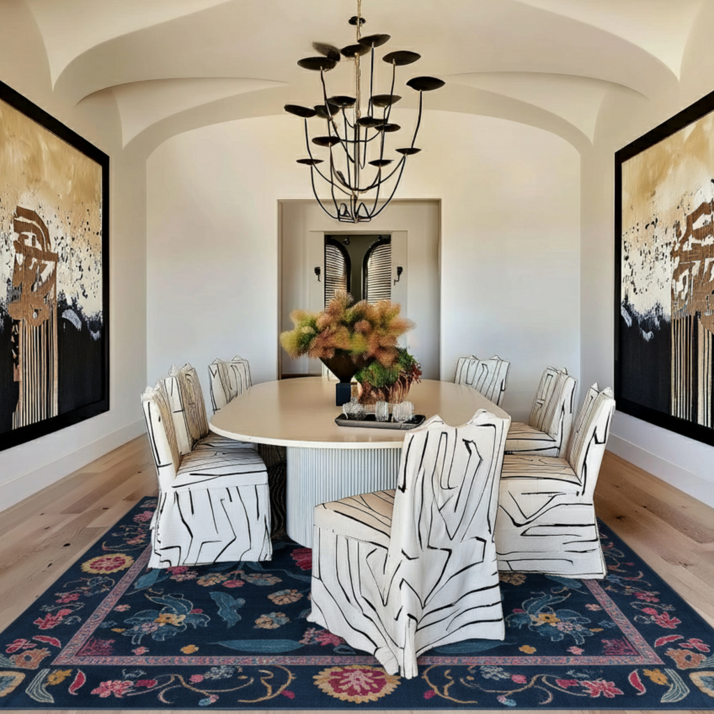 a contemporary dining room with Jeweled Bloom Garden Viscose Hand Tufted Rug