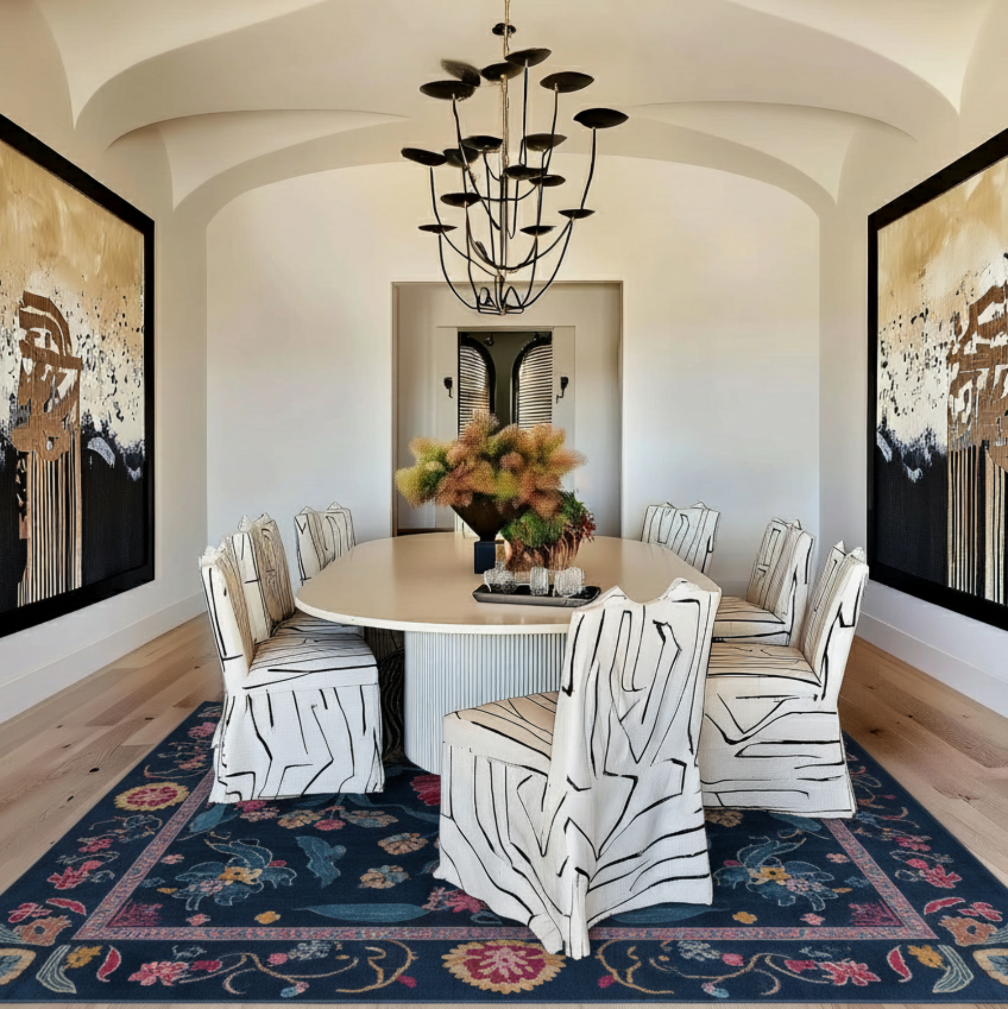 a contemporary dining room with Jeweled Bloom Garden Viscose Hand Tufted Rug