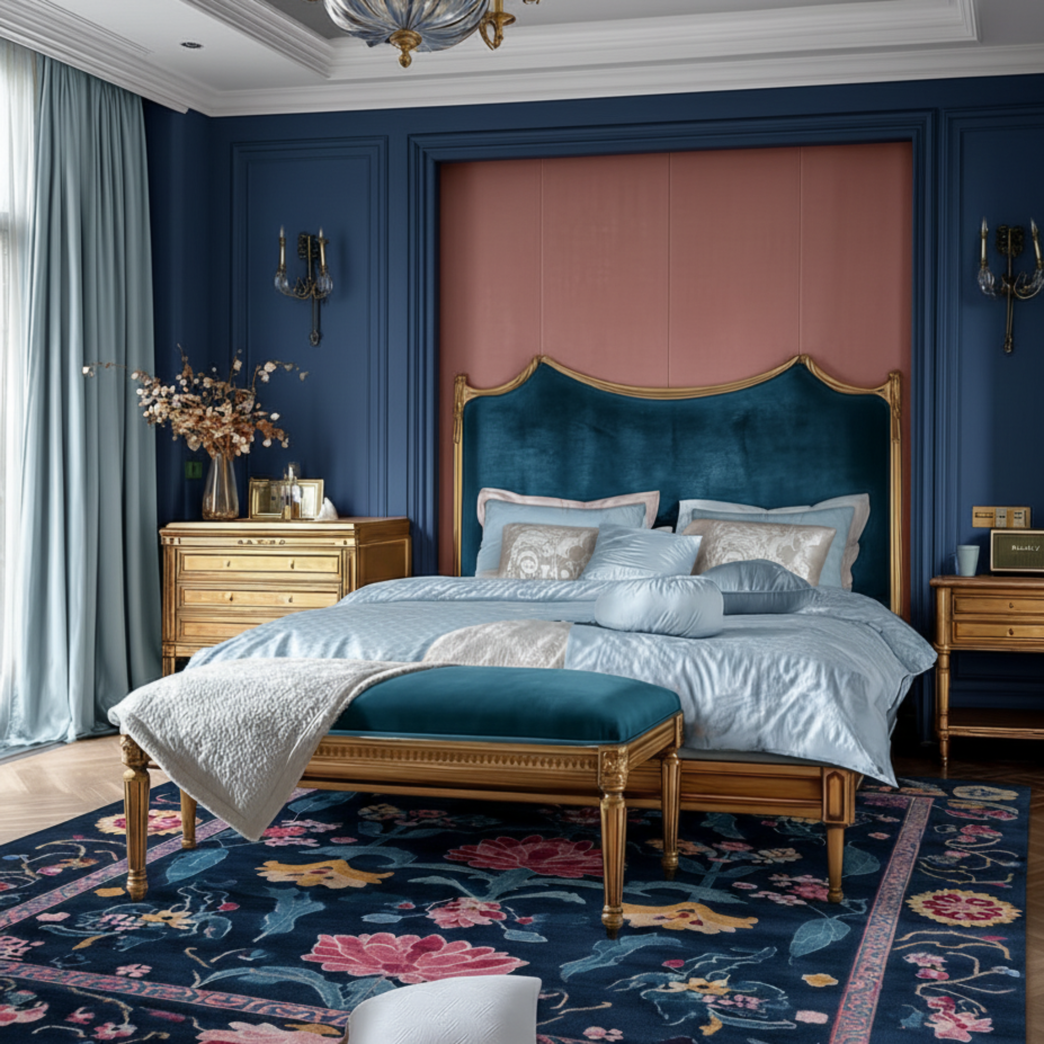 a blue theme high end french inspired bedroom with Jeweled Bloom Garden Viscose Hand Tufted Rug
