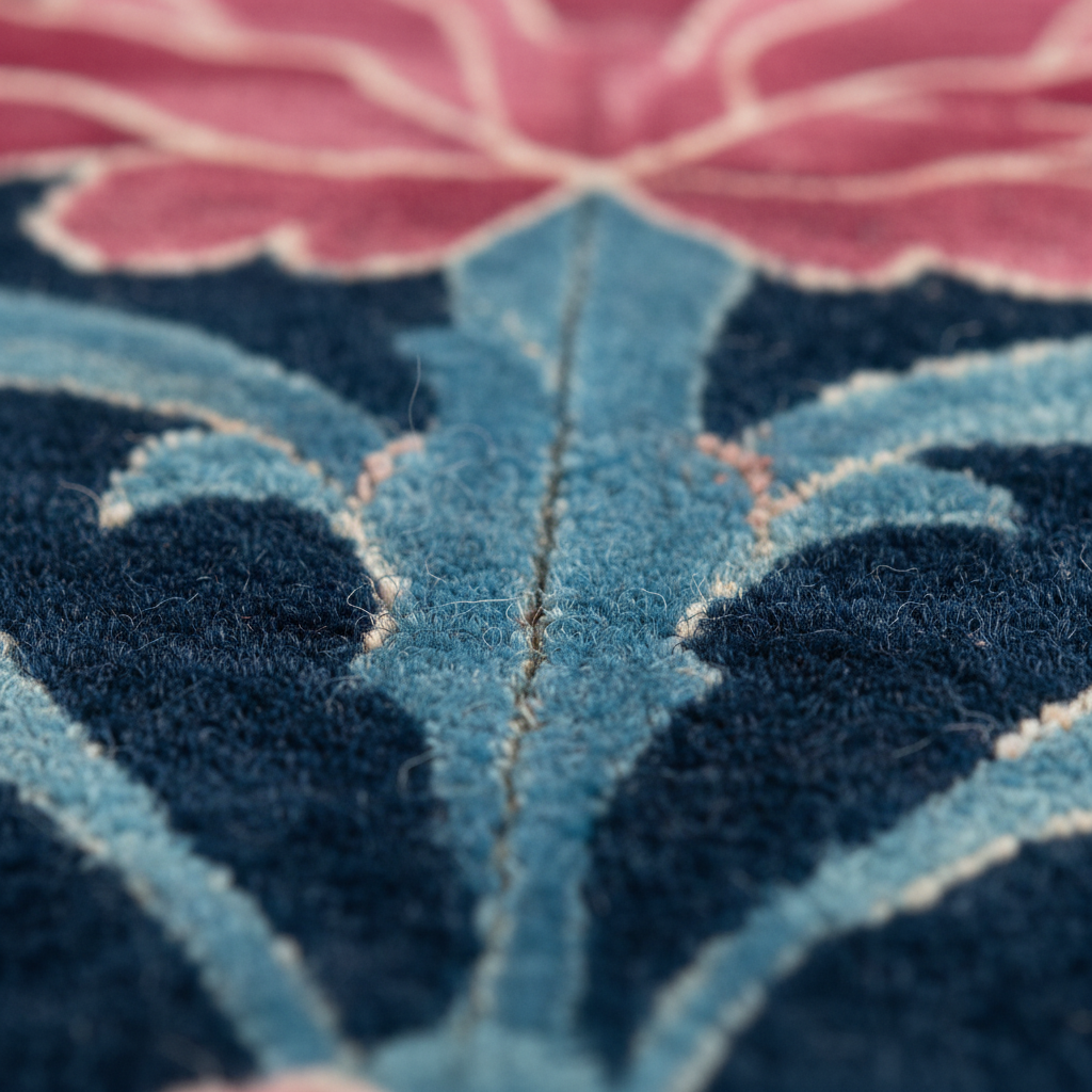 Close-up of a textured fabric with blue and pink floral patterns