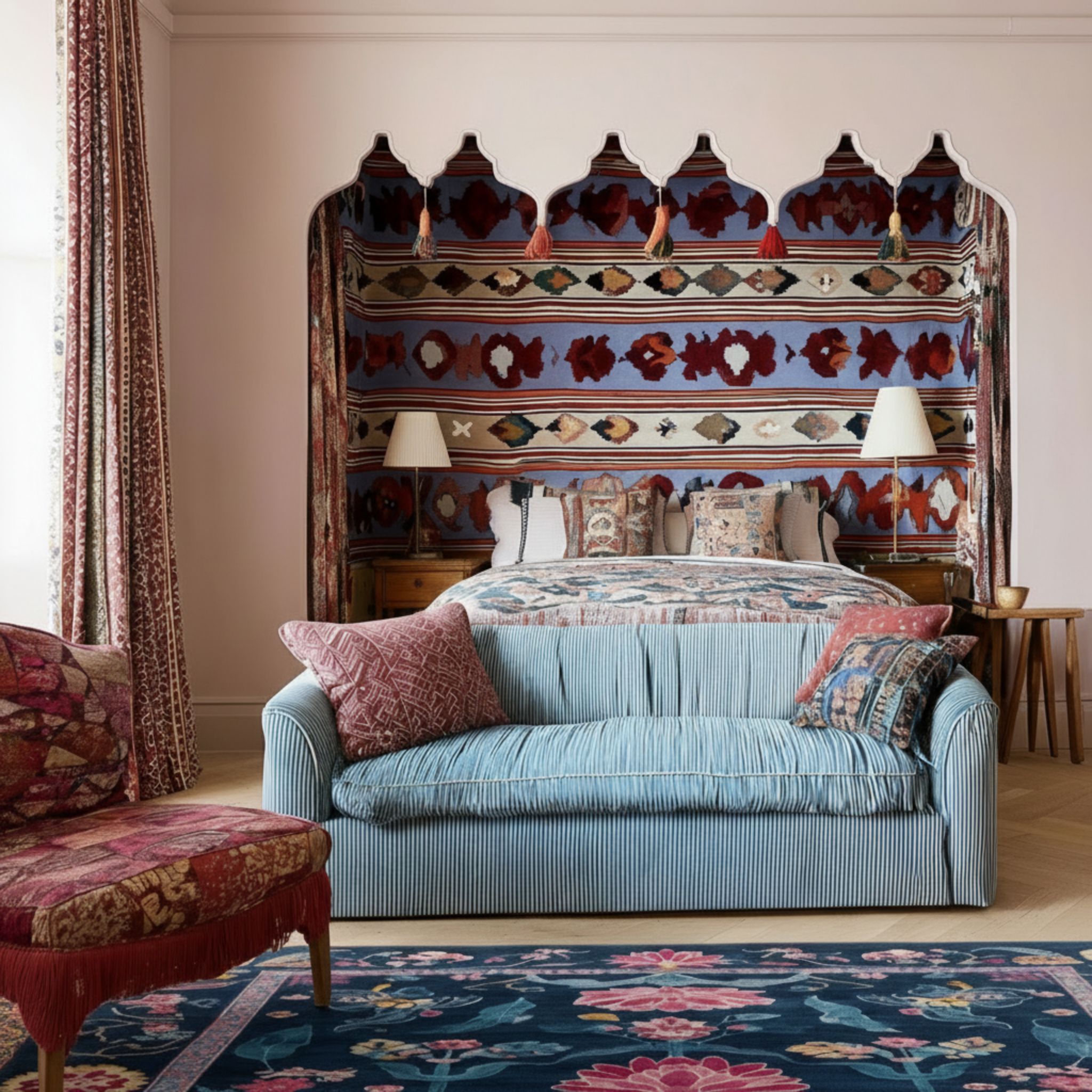 Decorative bedroom with a large bed, sofa, and colorful headboard.