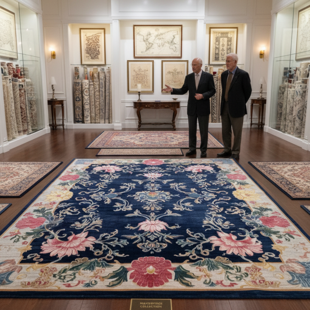 Two men in a showroom discussing a large floral rug with intricate patterns.