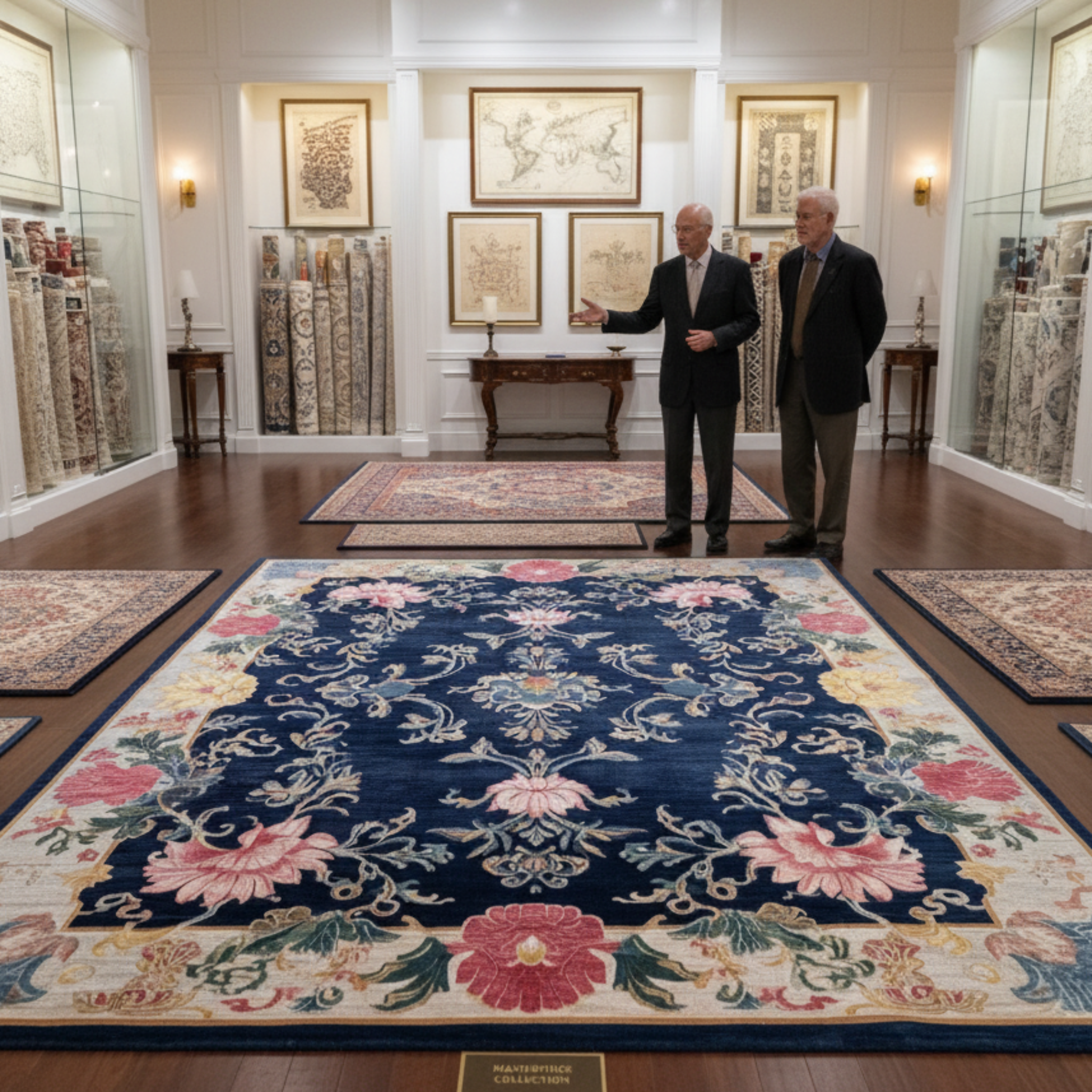 Two men in a showroom discussing a large floral rug with intricate patterns.