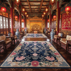 Opulent interior of a traditional Chinese palace with ornate decorations and red lanterns, and vintage inspired floral knotted rug