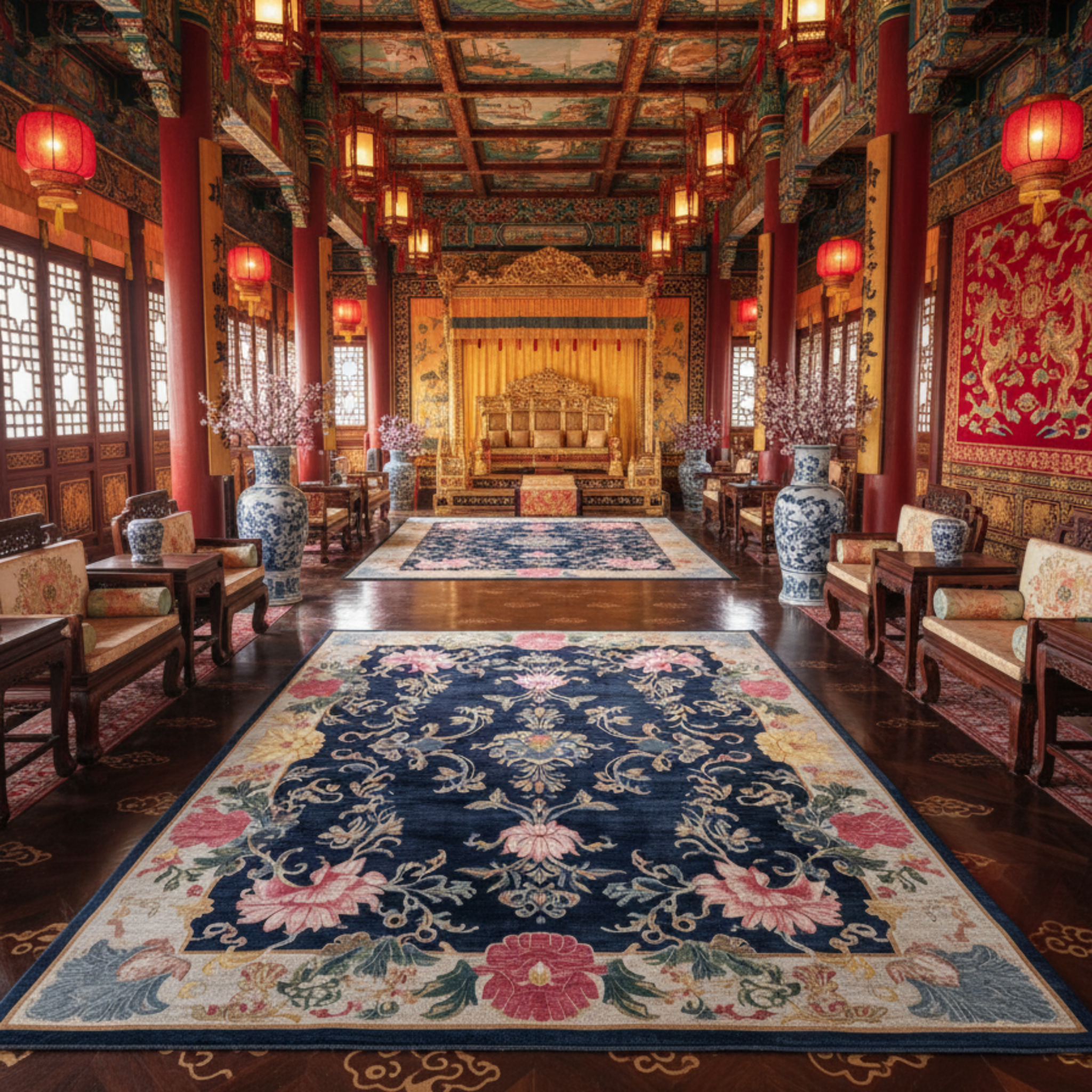 Opulent interior of a traditional Chinese palace with ornate decorations and red lanterns, and vintage inspired floral knotted rug