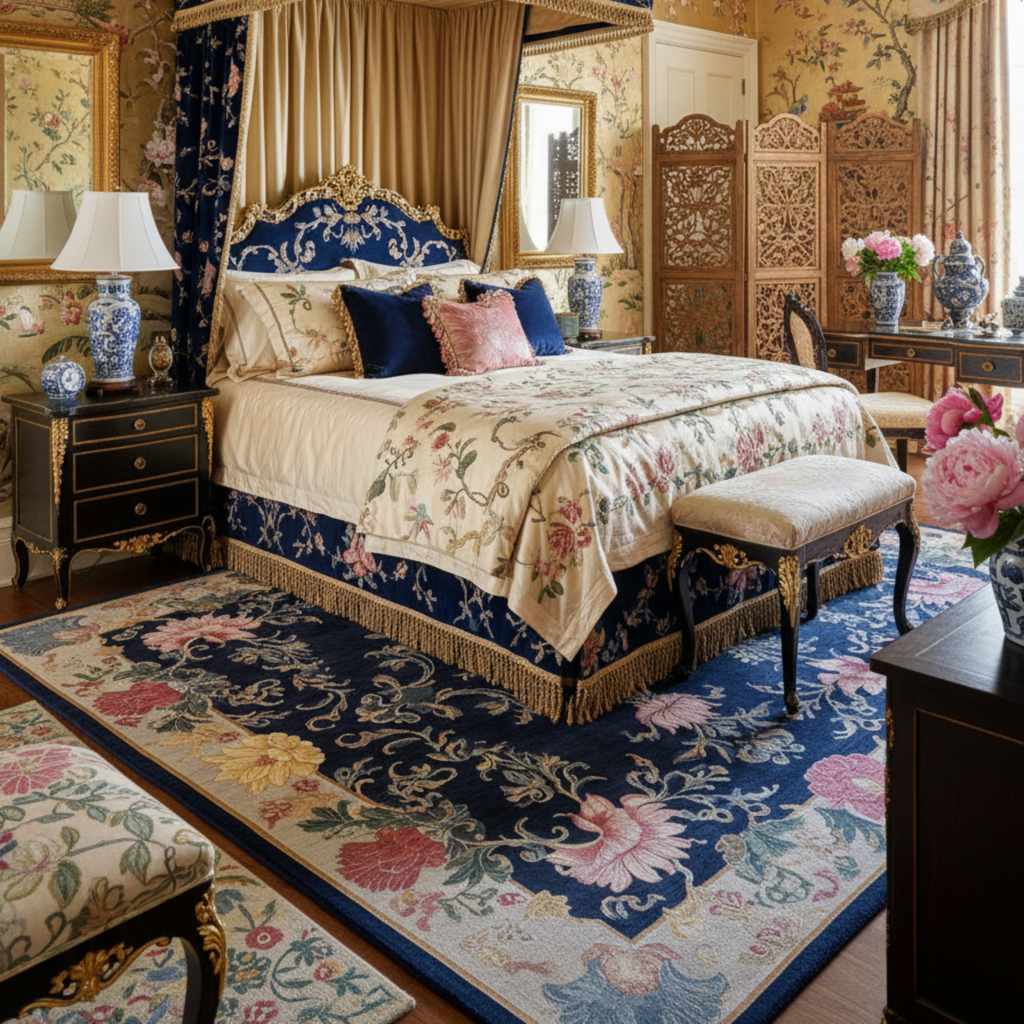Decorative bedroom with ornate furniture, floral patterns, and a large mirror.
